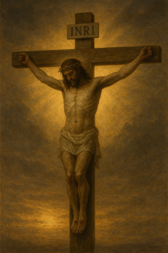 Jesus Cristo Crucificado iluminado no fundo representando a reparação e redenção dos pecados